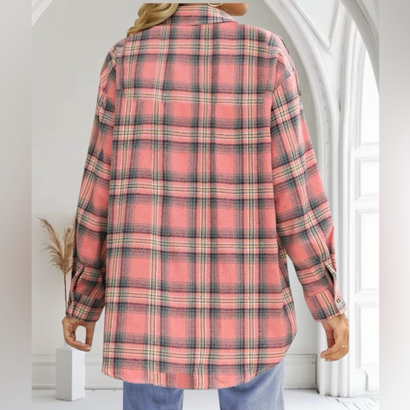 Pink Plaid Flannel Shirt | Oversized Button Down | Cozy Fall Shacket Style - Picture 3 of 4